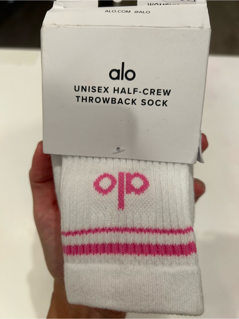 ALO Yoga White Half‑Crew Athletic Socks with Pink Accents